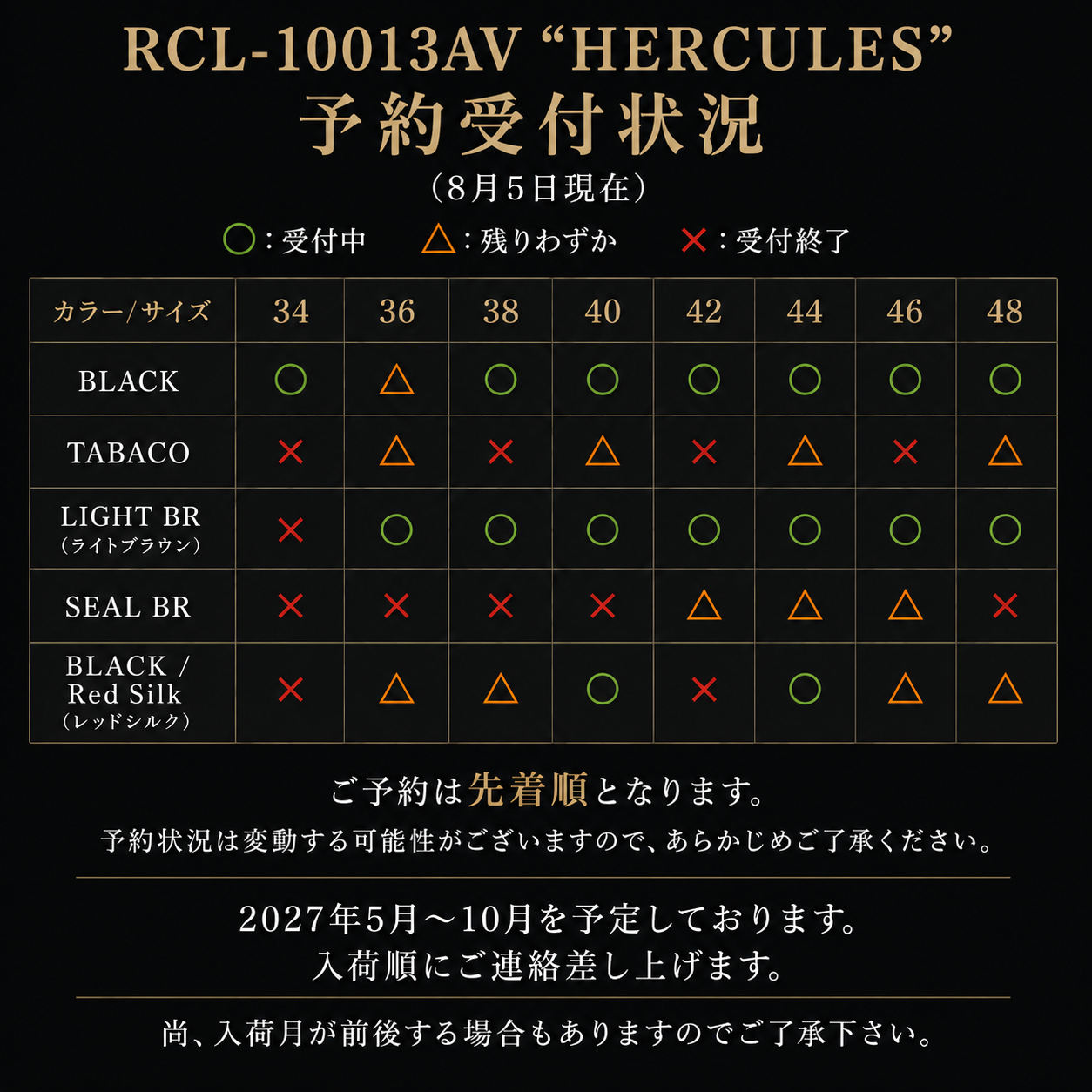 カラー、サイズ別予約受付表